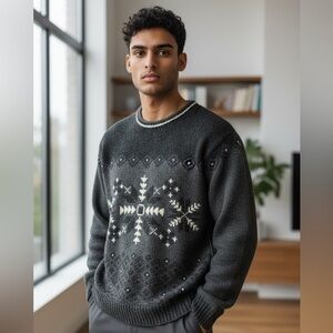 Vintage 100% Wool Hand Knit Sweater Black Gray Size Large